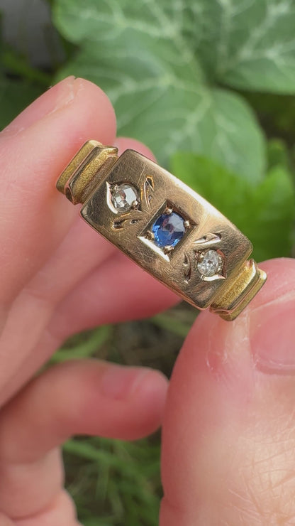 Antique Australian 15ct rosy yellow gold natural sapphire and old single cut diamond gypsy ring
