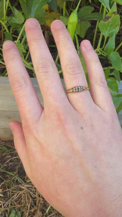 Antique Victorian 18ct yellow gold five stone natural sapphire boat ring