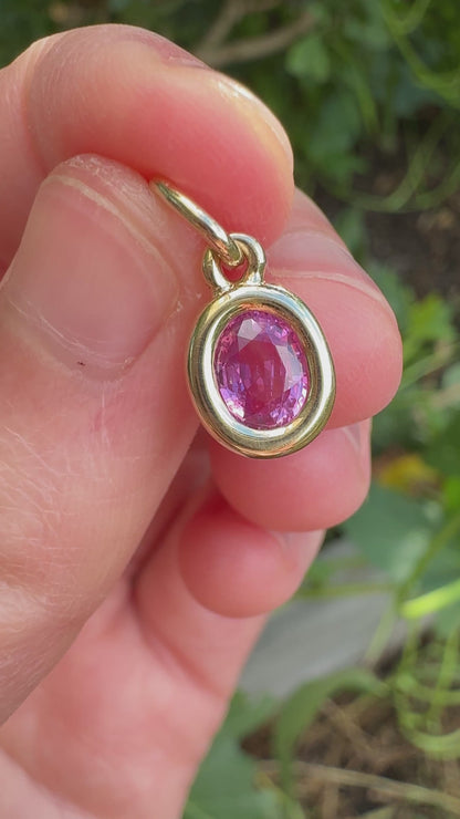 Custom handmade recycled 9ct yellow gold 0.93ct natural pink sapphire bezel set pendant