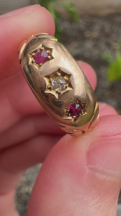 Vintage 18ct yellow gold rose cut diamond and old cut ruby starset gypsy ring