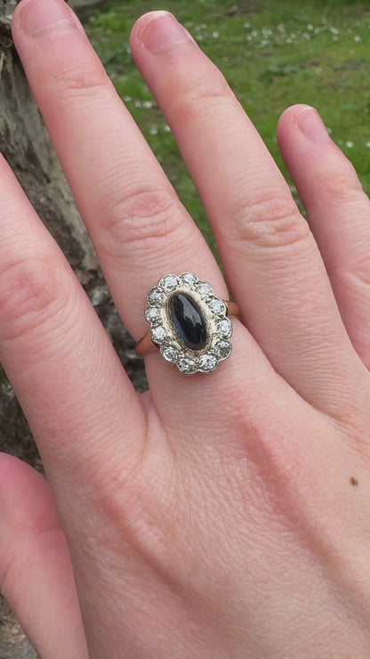 Vintage French 18ct yellow gold 2.5ct sapphire cabochon and 0.75ct TCW old mine cut diamond ring