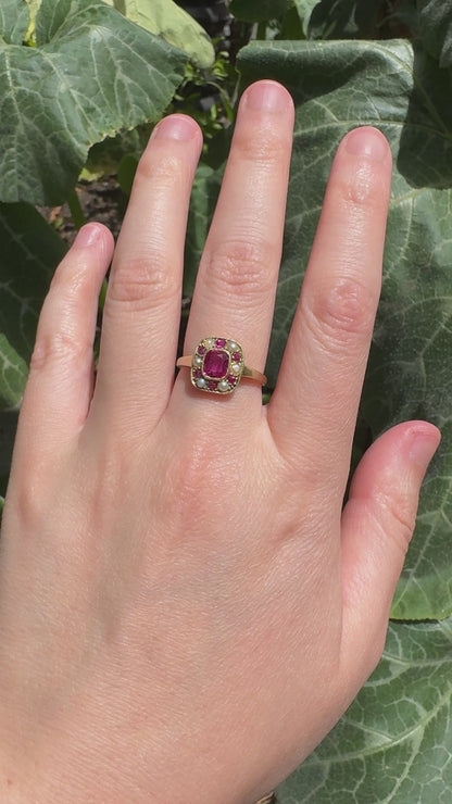 Vintage 14ct yellow gold 1ct TCW natural ruby and seed pearl cluster ring