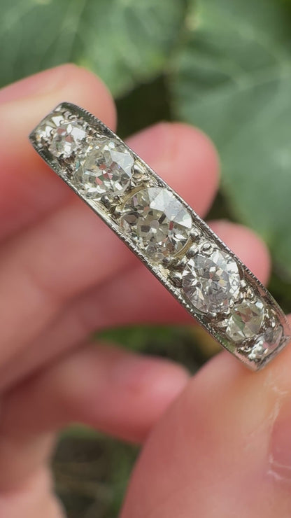 Vintage platinum 0.7ct TCW old mine cut diamond engraved half eternity ring