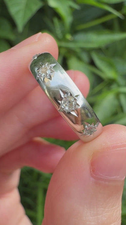 Vintage 18ct white gold four stone 0.15ct TCW old mine cut diamond gypsy ring