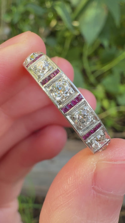Antique 18ct yellow gold and platinum seven stone 0.73ct old cut diamond ring with 24 accent calibre cut rubies