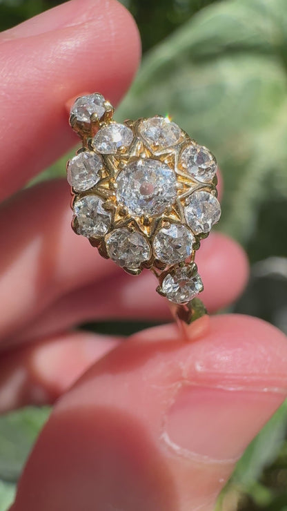 Antique 18ct yellow gold 0.55ct TCW old mine cut diamond starry cluster ring
