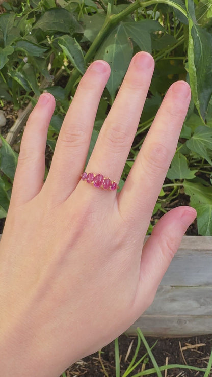 Antique 15ct yellow gold five stone 1.65ct TCW natural pink sapphire cabochon ring