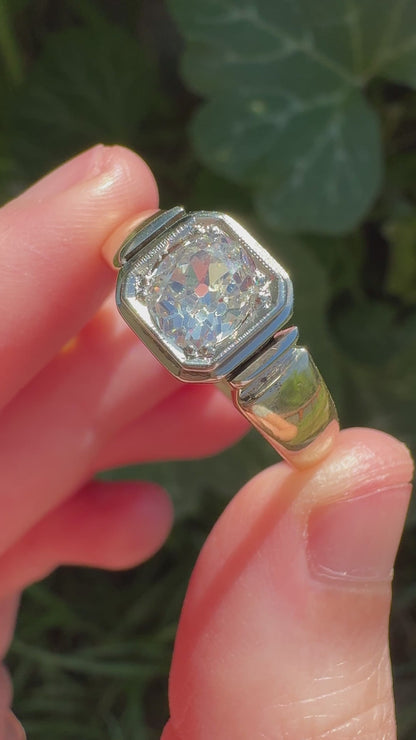 Vintage Mid Century English 9ct yellow and white gold 0.91ct old mine cut diamond signet ring