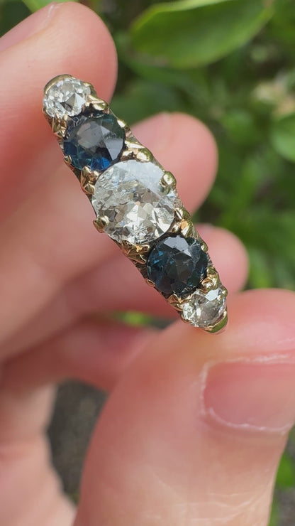 Antique Edwardian English 18ct yellow gold five stone 0.45ct TCW old European cut diamond and 0.42ct TCW sapphire ring