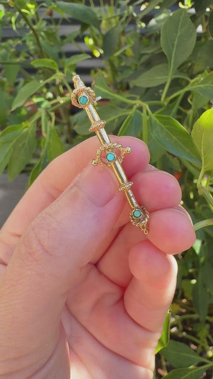Vintage 9ct yellow gold turquoise cabochon bar brooch/chain extender