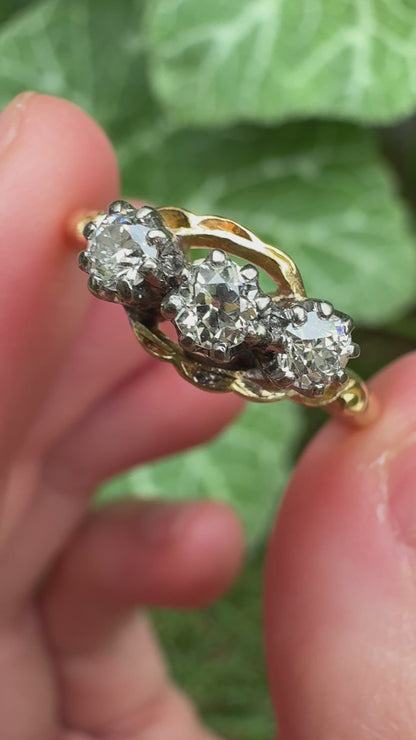 Vintage 18ct yellow gold three stone 0.5ct TCW old European cut diamond crossover ring