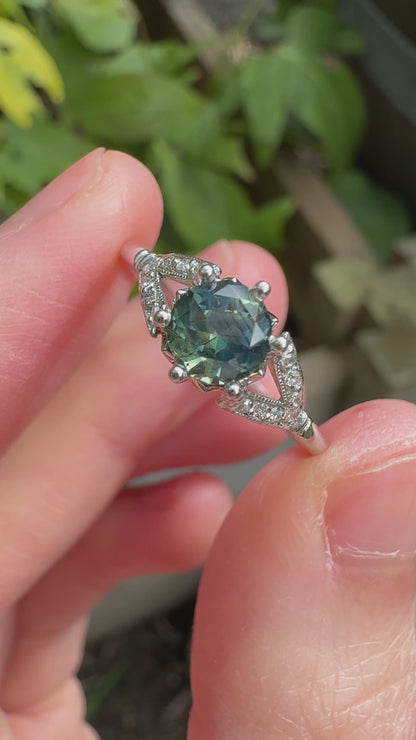 Antique platinum natural Australian parti sapphire and diamond ring
