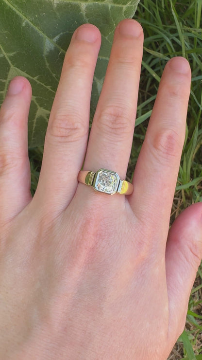 Vintage Mid Century English 9ct yellow and white gold 0.91ct old mine cut diamond signet ring