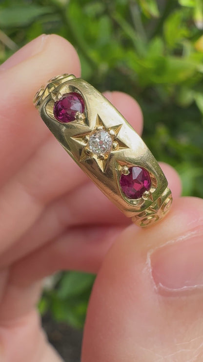 Antique Victorian English 18ct yellow gold 0.3ct TCW cushion cut natural ruby and 4pt old mine cut diamond gypsy ring