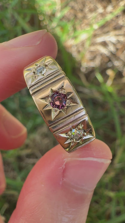 Antique Victorian 9ct rosy yellow gold three stone 0.13ct TCW old mine cut diamond and garnet starset gypsy ring