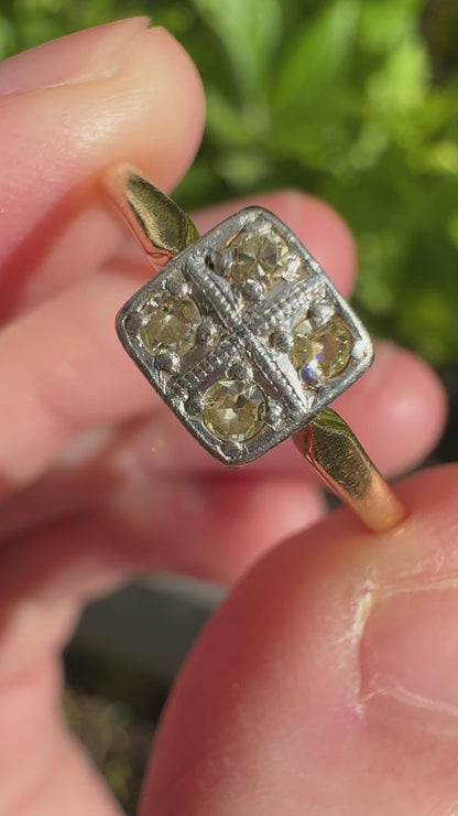 Vintage 18ct yellow gold and platinum four stone single cut diamond square ring