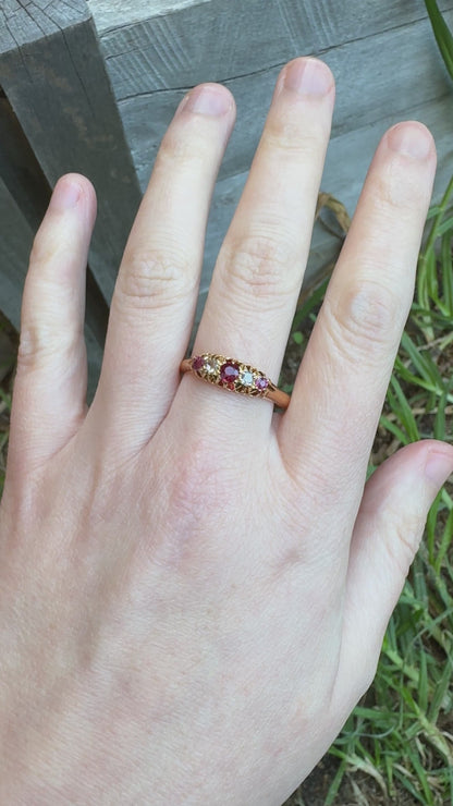 Antique Australian Wendt 18ct yellow gold five stone 0.33ct TCW natural old cut ruby and rose cut diamond ring