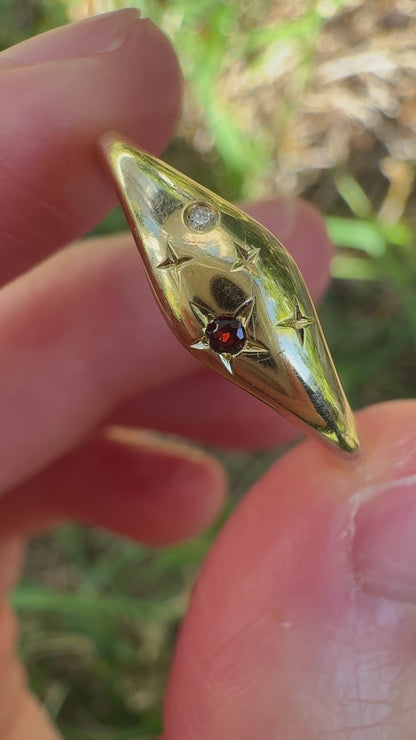 Vintage 14ct yellow gold diamond and garnet starset gypsy ring