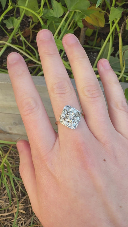 Antique 18ct yellow gold and platinum 1.2ct TCW old mine cut diamond plaque ring