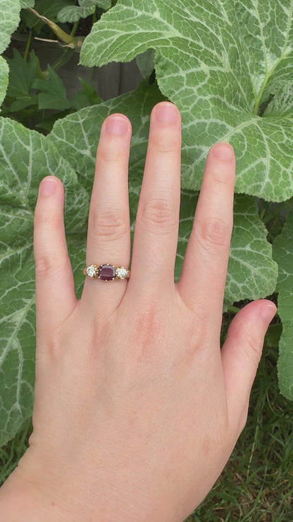 Antique 18ct yellow gold three stone 0.95ct flat cut garnet and 0.45ct TCW old European cut diamond ring