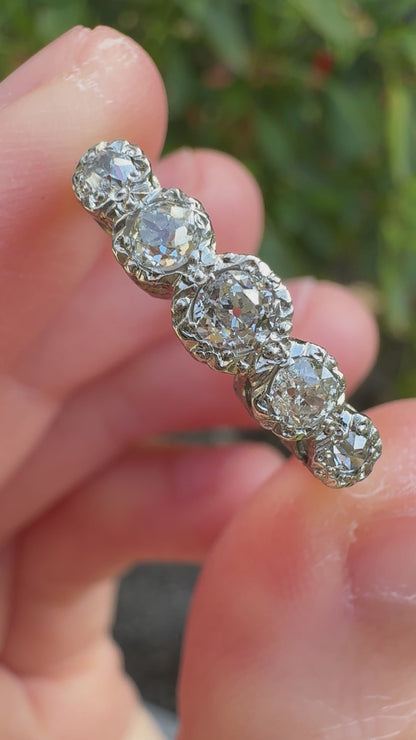 Antique 18ct yellow gold and platinum five stone 0.45ct TCW old mine cut diamond bezel set ring