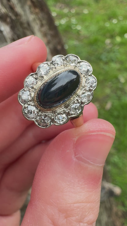 Vintage French 18ct yellow gold 2.5ct sapphire cabochon and 0.75ct TCW old mine cut diamond ring