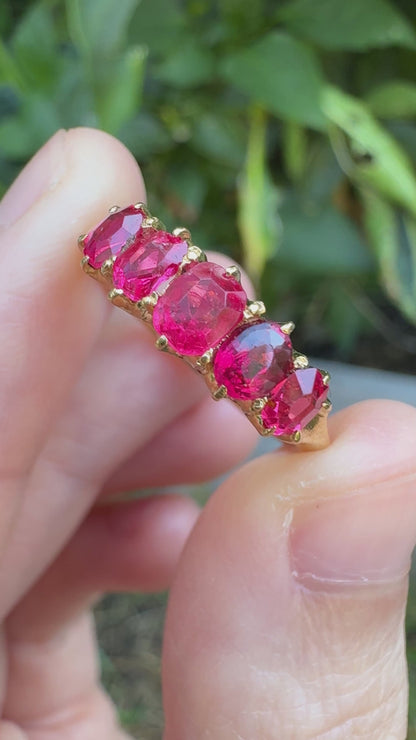 Antique 18ct yellow gold five stone 1.09ct TCW old single cut natural pink 'Jedi' spinel ring