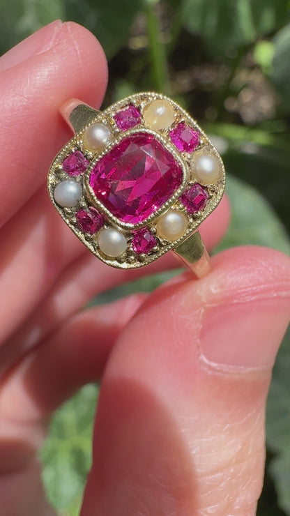 Vintage 14ct yellow gold 1ct TCW natural ruby and seed pearl cluster ring