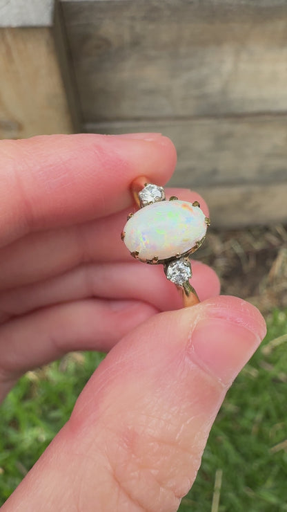 Vintage 18ct yellow gold opal cabochon and old European cut diamond ring