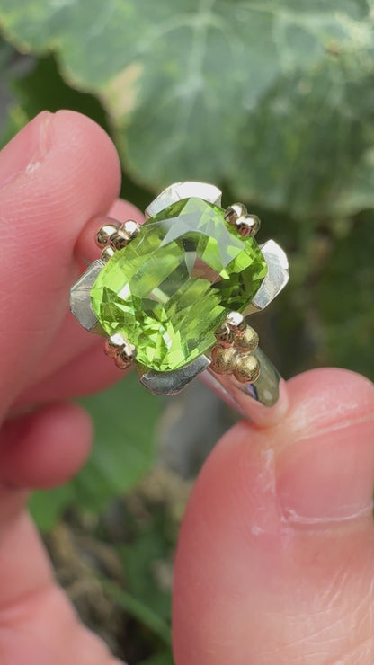 Custom handmade sterling silver and recycled 18ct yellow gold 2.54ct peridot ring