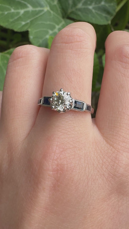 Antique 18ct white gold 0.87ct old European cut diamond and 0.5ct TCW baguette cut natural sapphire ring