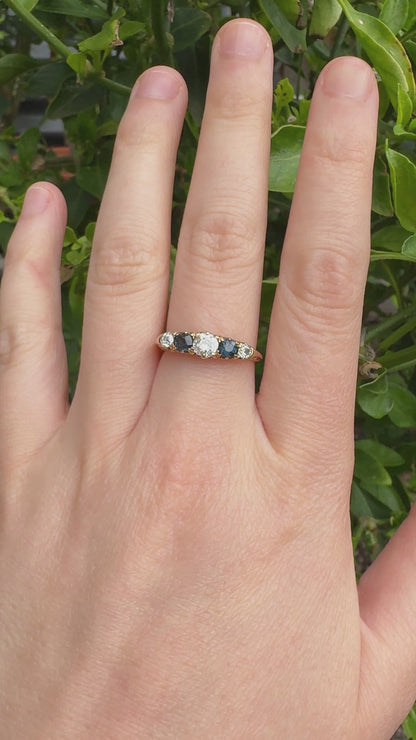Antique Edwardian English 18ct yellow gold five stone 0.45ct TCW old European cut diamond and 0.42ct TCW sapphire ring