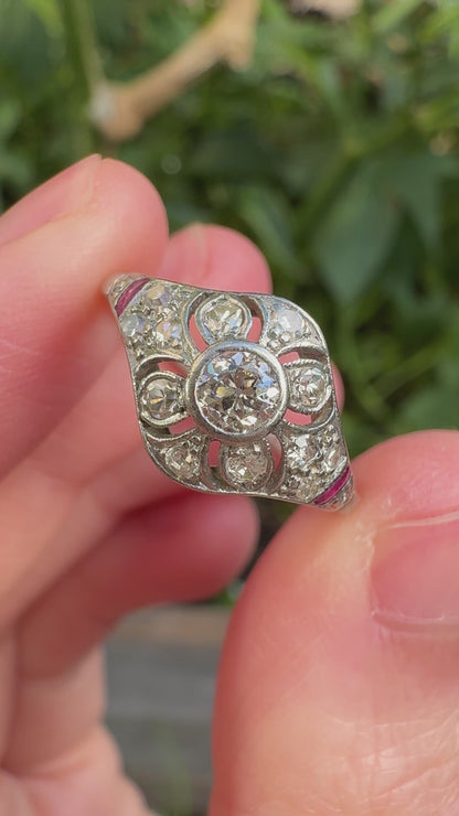 Antique platinum 0.17ct old mine cut and 0.12ct TCW old single cut diamond ring with accent ruby cabochons