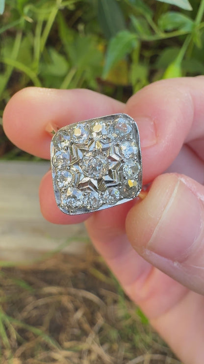 Antique 18ct yellow gold and platinum 1.2ct TCW old mine cut diamond plaque ring