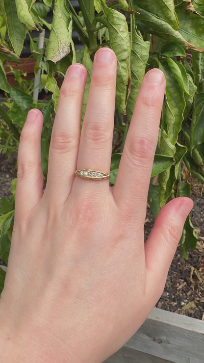 Antique English Edwardian 18ct yellow gold five stone 0.22ct TCW old mine cut diamond boat ring