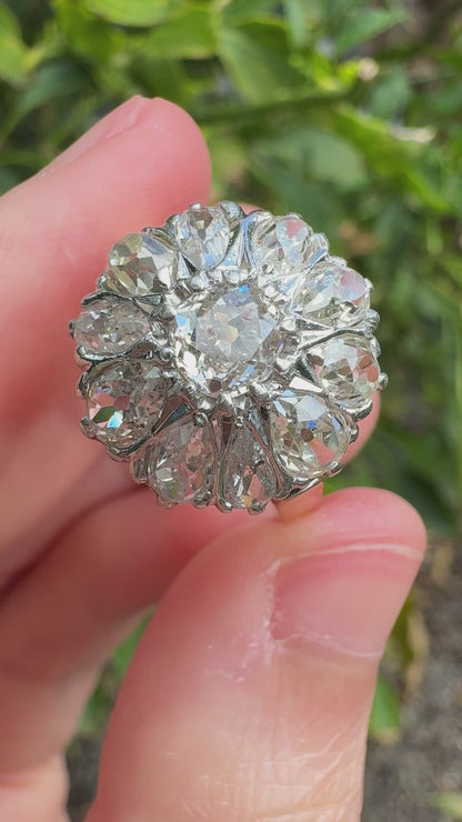Vintage 14ct yellow gold and platinum 3.4ct TCW old pear cut and old mine cut diamond cluster ring