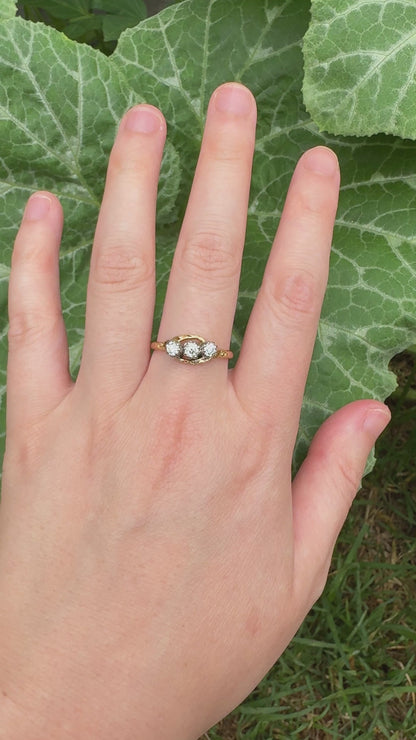 Vintage 18ct yellow gold three stone 0.5ct TCW old European cut diamond crossover ring