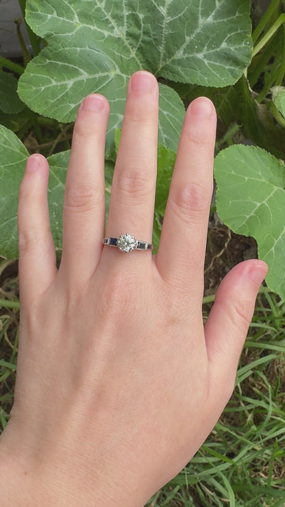 Antique 18ct white gold 0.87ct old European cut diamond and 0.5ct TCW baguette cut natural sapphire ring