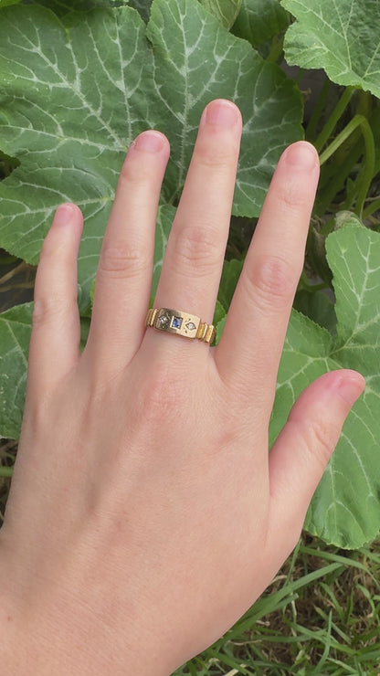 Antique Australian 15ct rosy yellow gold natural sapphire and old single cut diamond gypsy ring