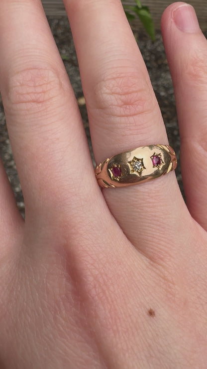 Vintage 18ct yellow gold rose cut diamond and old cut ruby starset gypsy ring