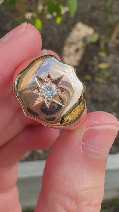Antique English 9ct rosy yellow gold 0.15ct old European cut diamond starset shield signet ring