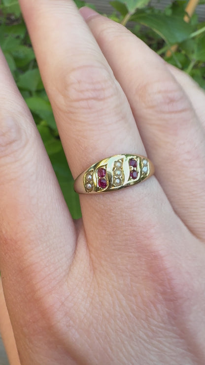 Antique Victorian 15ct yellow gold ruby and seed pearl ring