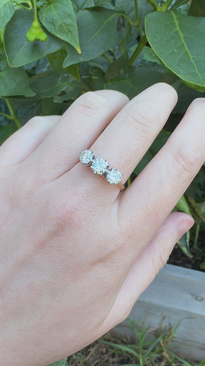 Vintage Mid Century 18ct yellow gold three stone 1.51ct TCW old European cut diamond ring