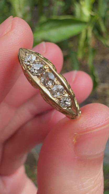 Antique English Edwardian 18ct yellow gold five stone 0.22ct TCW old mine cut diamond boat ring