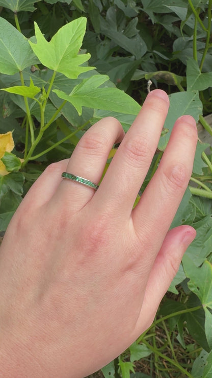Antique platinum 1.02ct TCW natural emerald engraved eternity ring