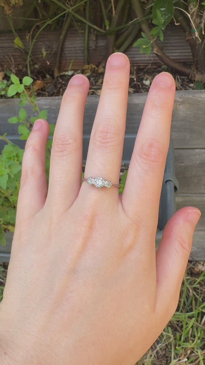 Vintage 18ct white gold and platinum three stone 0.16ct TCW old mine cut and old European cut diamond ring