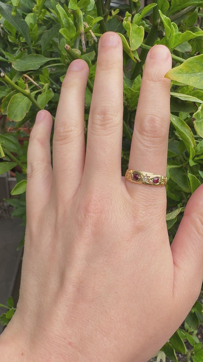 Antique Victorian English 18ct yellow gold 0.3ct TCW cushion cut natural ruby and 4pt old mine cut diamond gypsy ring