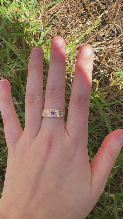 Antique Victorian 9ct rosy yellow gold three stone 0.13ct TCW old mine cut diamond and garnet starset gypsy ring