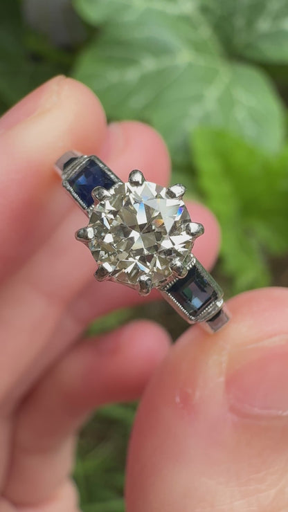 Antique 18ct white gold 0.87ct old European cut diamond and 0.5ct TCW baguette cut natural sapphire ring