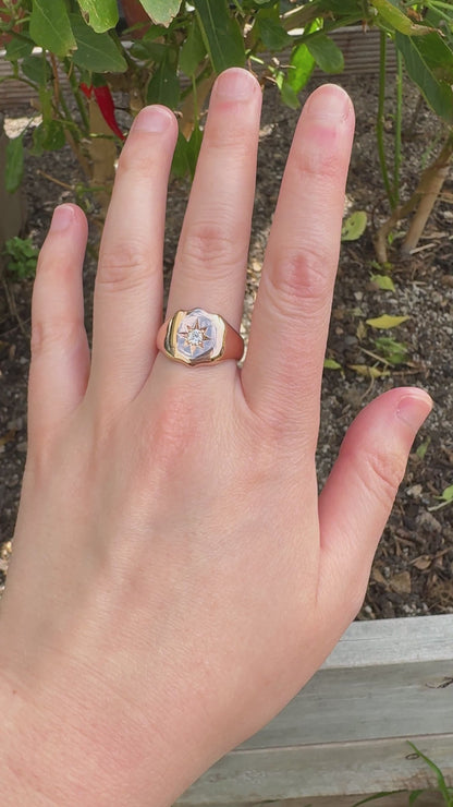 Antique English 9ct rosy yellow gold 0.15ct old European cut diamond starset shield signet ring